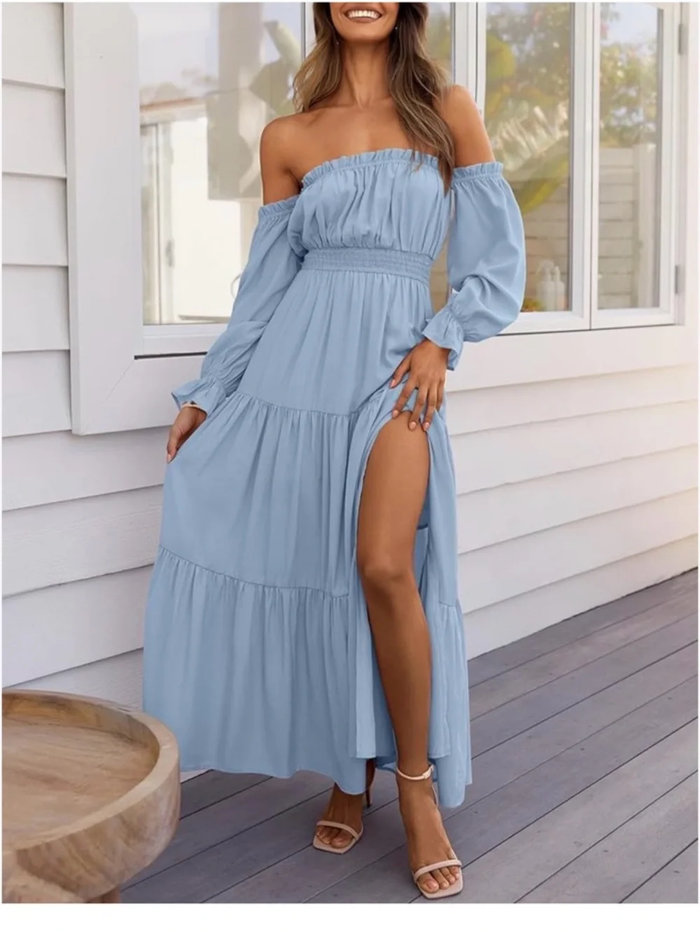 Women's Off-Shoulder Maxi Dress in Light Blue - Picture 2 of 3